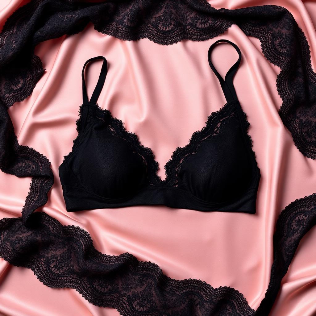 Black lace lingerie set on blush silk