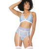 Scallop Stretch Lace Bra Garter Belt G String Light Blue White