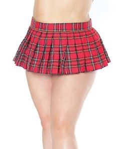 Woven Plaid Pleated Skirt W Velcro Closure Red Os Xl