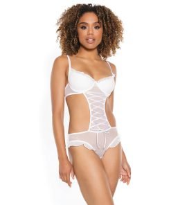 Stretch Mesh Ruffled Crotchless Teddy White