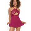 Scallop Stretch Lace Sheer Mesh Halter Babydoll Adjustable Thong Raspberry