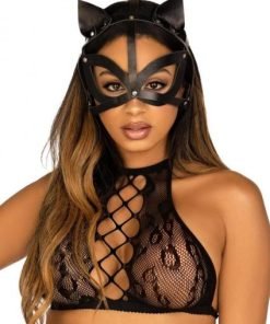 Vegan Leather Studded Cat Mask Os Blk