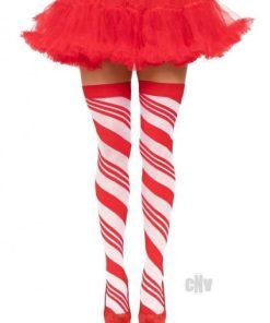 Spandex Candy Cane Thigh High Os Red Wht