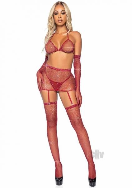 Rhinestone Garter Bikini 5pc Burg