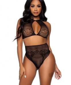 Dotted Net Halter High Thong 2pc Os Blk