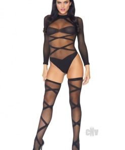 Sheer Cc Bodysuit W Thighigh Os Blk 2pc