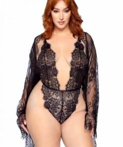 Floral Teddy Thong Robe 3pc 1x 2x Black