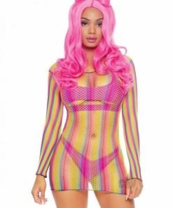Rainbow Fishnet Sleeve Mini Dress Os