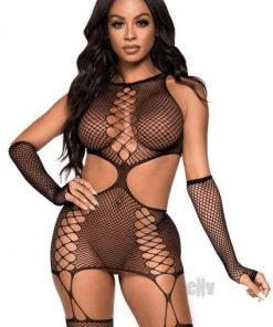 Net Cut Out Garter Dress 2pc Set Os Blk