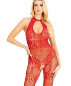 Seamless Rhinestone Bodystocking Os Red