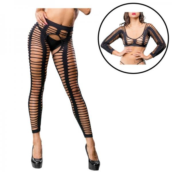 Beverly Hills Naughty Girl Crotchless All Over Straps Mesh Leggings Black O S