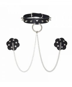 Burlesque Slave 4 U Chain Neck Choker Leather Reusable Silicone Nipztix Black O S