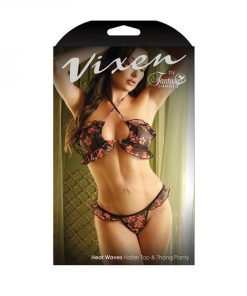 Vixen Heat Waves Floral Print Ruffled Bralette Matching Thong Panty Black O S