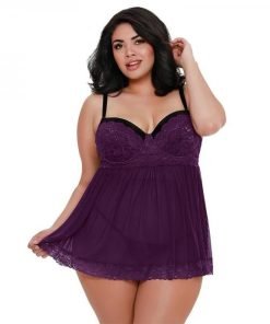 Dreamgirl Plus Size Stretch Mesh And Lace Babydoll With Underwire Push Up Cups G String And Lace O