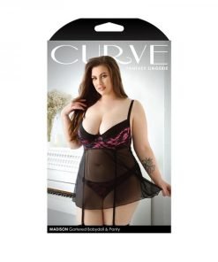 Curve Madison Gartered Lace And Mesh Babydoll With Underwire Cups Matching Panty 1x 2x Black Pink
