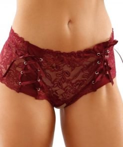 Magnolia Crotchless Lace Boyshort With Lace Up Panel Details Garnet