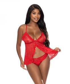 Magic Silk Ooh La Lace Babydoll Split Crotch Panty Set Red