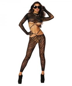 Zebra Fishnet Long Sleeve Bralette W Finger Gloves Footless Leggings Black O S