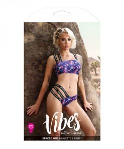 Fantasy Lingerie Vibes Spaced Out Uv Reactive Print Asymmetrical Bralette Multi Strap Panty Indigo