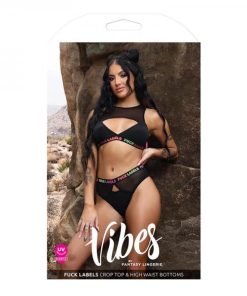 Fantasy Lingerie Vibes Fuck Labels Keyhole Top High Waist Bottoms With Uv Reactive Elastic Black M