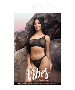 Vibes Bad Bitch One Shoulder Bling Bralette Panty Black