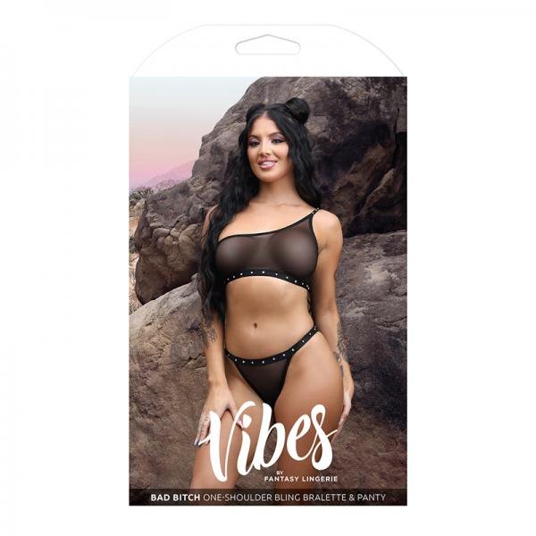 Vibes Bad Bitch One Shoulder Bling Bralette Panty Black