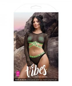 Fantasy Lingerie Vibes Fuck Ur Rules Long Sleeve Fishnet Top Panty With Uv Reactive Elastic And 1