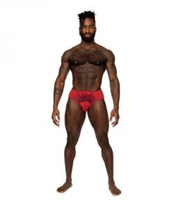 Male Power Sassy Lace Bikini Solid Pouch Red