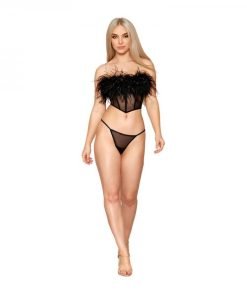 Dreamgirl Stretch Mesh Bustier With Removable Feather Trim And G String Set Black