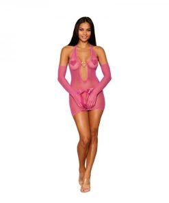 Dreamgirl Metallic Fishnet Seamless Chemise And Matching Glove Restraints Set Peony