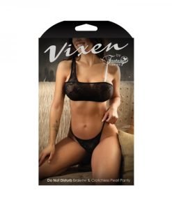 Fantasy Lingerie Vixen Do Not Disturb Pearl Bralette Crotchless Pearl Thong Black