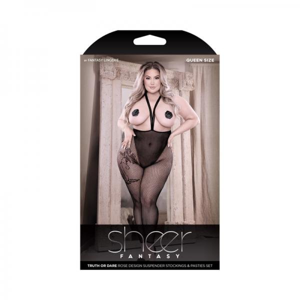 Fantasy Lingerie Sheer Truth Or Dare Rose Design Suspender Stockings Rose Pasties Set Black Queen