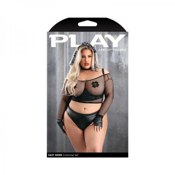 Fantasy Lingerie Play Easy Rider Open Cup Bra Long Sleeve Fishnet Top Panty Choker Gloves Banda