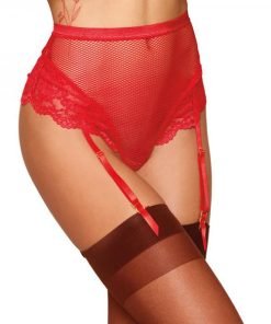 Dreamgirl High Waisted Fishnet And Lace Garter Thong With Satin Ribbon Back Tie Ruby M