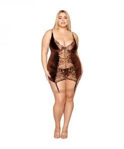 Dreamgirl Stretch Velvet And Embroidered Band Garter Slip And G String Set Espresso