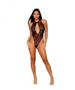 Dreamgirl Stretch Lace Halter Teddy With Keyhole Neckline And Open Rhinestone Fringe Back Black