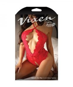 Fantasy Lingerie Vixen Hearts On Fire Crotchless Lace Teddy With Open Pearl Draped Back Red
