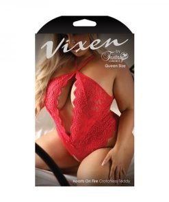 Fantasy Lingerie Vixen Hearts On Fire Crotchless Lace Teddy With Open Pearl Draped Back Red Queen Si