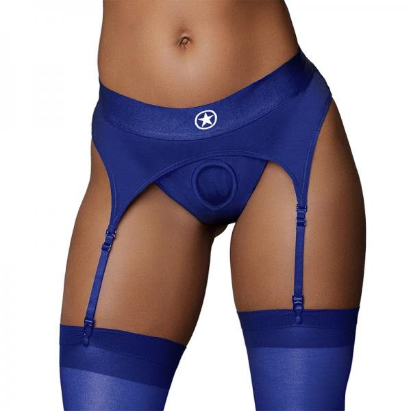 Ouch Vibrating Strap On Thong With Adjustable Garters Royal Blue