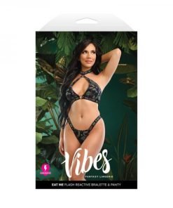 Vibes Eat Me Flash Reactive Mushroom Print Halter Bralette W Thong Black