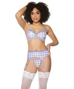 Crystal Pink Buffalo Check Print Bra Garter Belt String Grey Pink