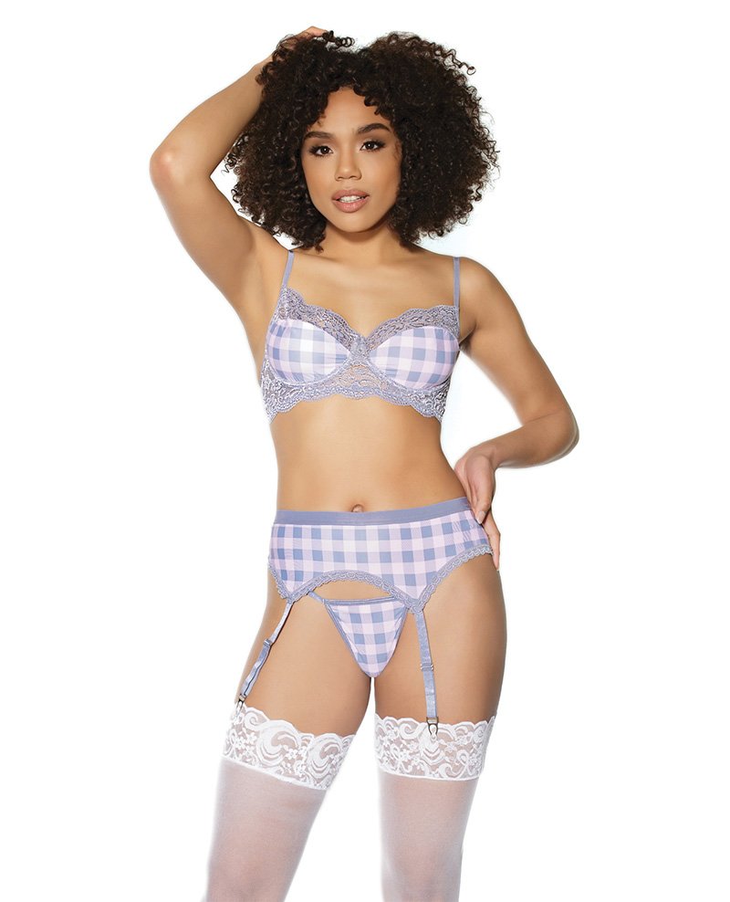Crystal Pink Buffalo Check Print Bra Garter Belt String Grey Pink