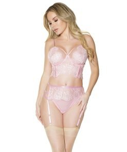 Crystal Pink Longline Bra Garter Belt Panty Pink