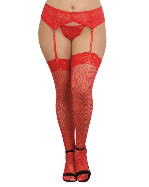 Fishnet Thigh Highs W Lace Top Red Q S