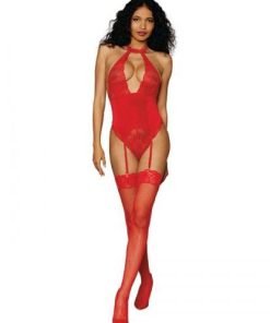 Stretch Lace Velvet Garter Teddy Lipstick Red