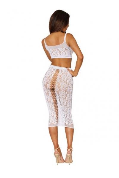 Seamless Sheer Lace Bralette Slip Skirt White O S