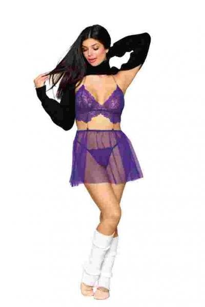 Floral Lace Babydoll G String Set Violet O S