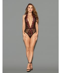 Euphoria Two Tone Lace Halter Crotch Closure Teddy Blk Red