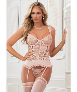 Lace Up Garter Corset W Thong Stockings Champagne Pink O S