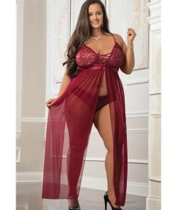 Empire Waist Laced Sheer Long Dress Panty Mulled Wine Qn